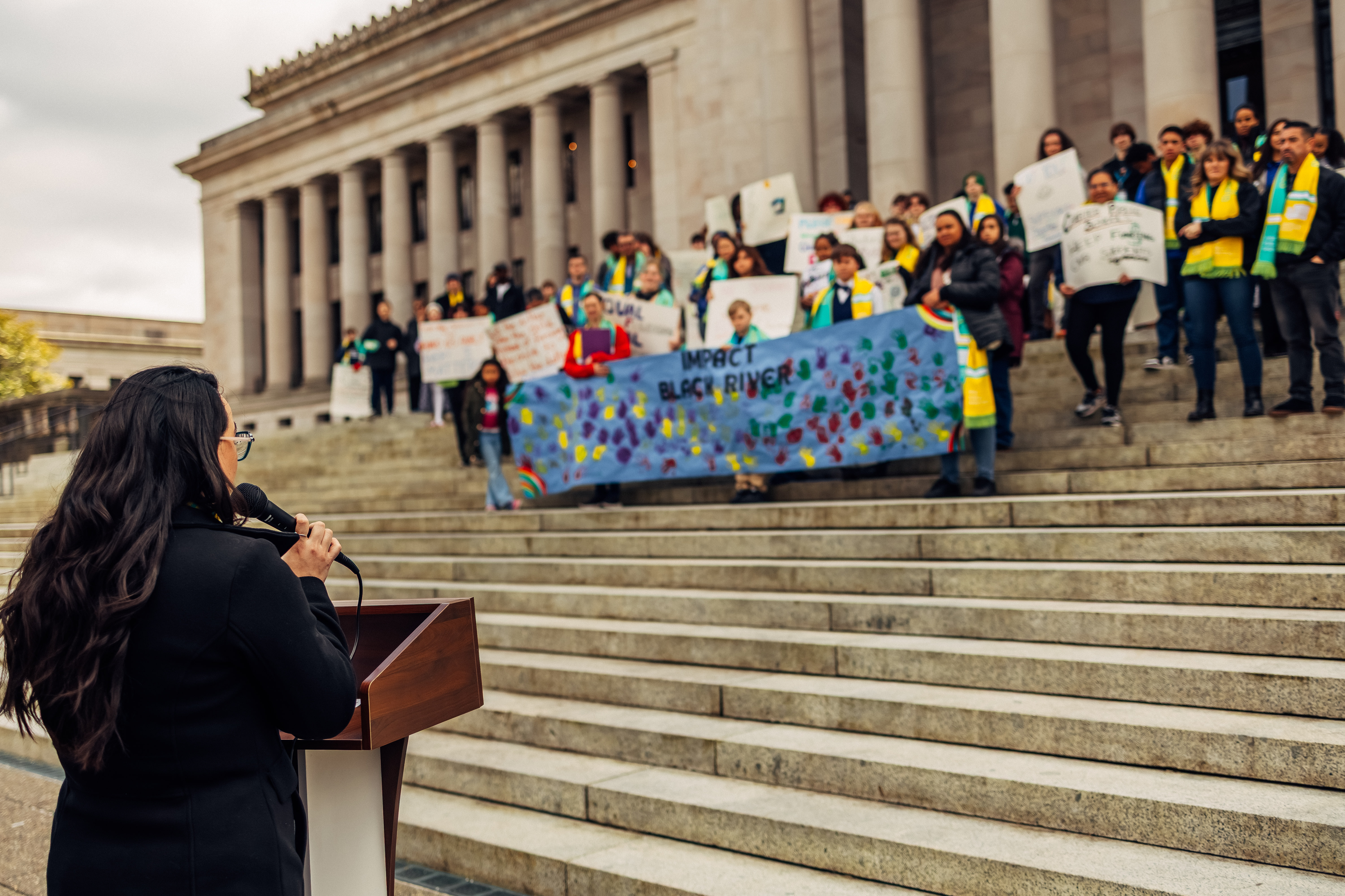 Someone standing a podium speaking to a crowd on the Capitol steps